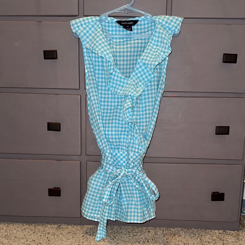 Ralph Lauren Girls Blue Gingham Wrap Front Blouse